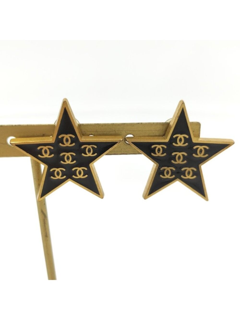 Chanel Earrings Star CC Logo Coco CC Plated Black Gold 01P